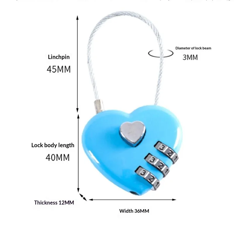 N708 Heart-Shaped Cable Lock 3-Digit Combination Steel Wire Rope Padlock Password Lock Password Lock for Luggage Bicycle - Red
