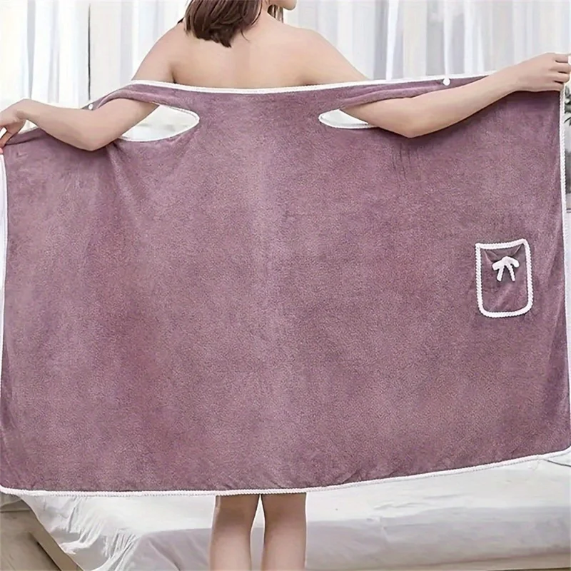 135x80cm Thickened Coral Fleece Bath Robe Absorbent Wearable Towel Wrap Bath Dress for Bathroom Home - Deep Pink