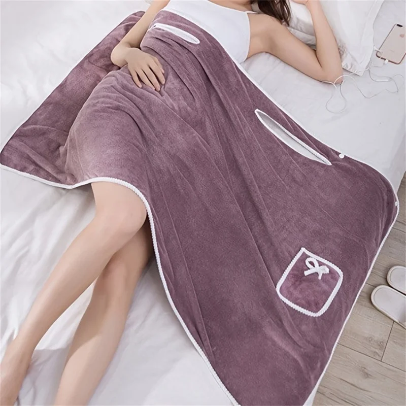 135x80cm Thickened Coral Fleece Bath Robe Absorbent Wearable Towel Wrap Bath Dress for Bathroom Home - Deep Pink