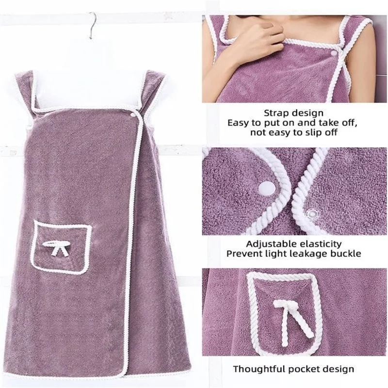 135x80cm Thickened Coral Fleece Bath Robe Absorbent Wearable Towel Wrap Bath Dress for Bathroom Home - Deep Pink