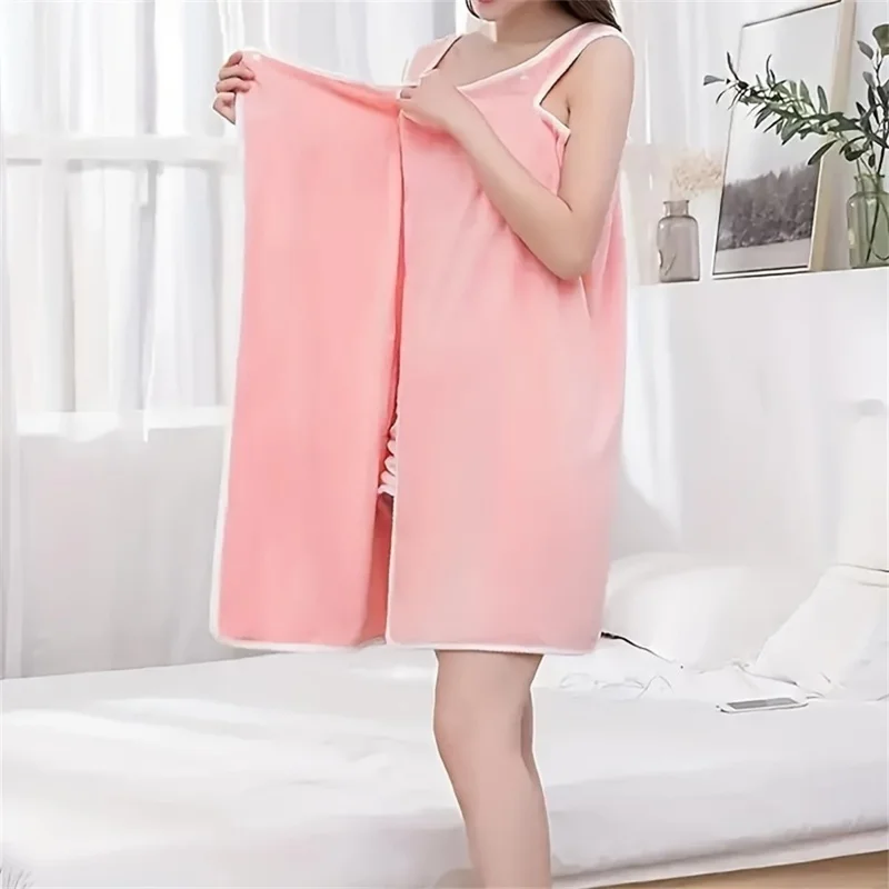 135x80cm Thickened Coral Fleece Bath Robe Absorbent Wearable Towel Wrap Bath Dress for Bathroom Home - Deep Pink