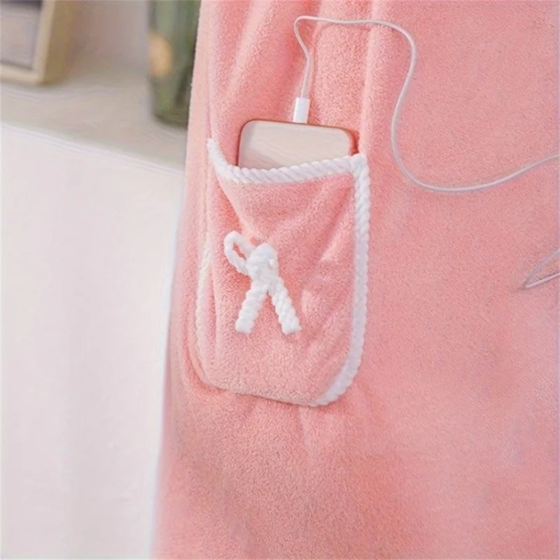 135x80cm Thickened Coral Fleece Bath Robe Absorbent Wearable Towel Wrap Bath Dress for Bathroom Home - Deep Pink
