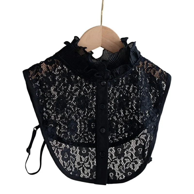 Detachable Lace Collar Stand Up Ruffle Collar Dickey Collar Front Button Half Shirt Fake Collar for Shirt Dress - Black