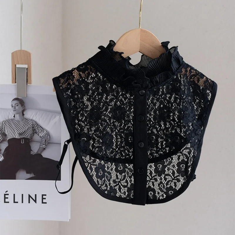 Detachable Lace Collar Stand Up Ruffle Collar Dickey Collar Front Button Half Shirt Fake Collar for Shirt Dress - Black