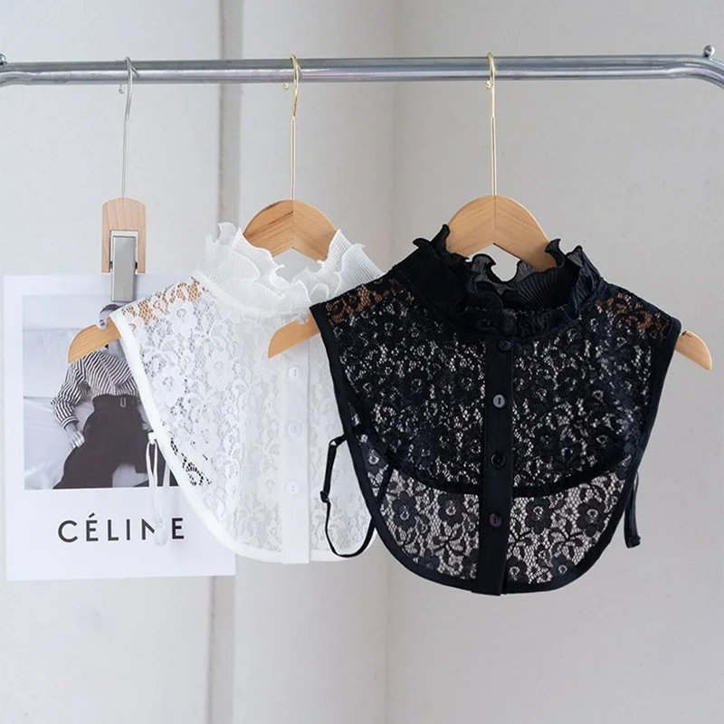Detachable Lace Collar Stand Up Ruffle Collar Dickey Collar Front Button Half Shirt Fake Collar for Shirt Dress - Black
