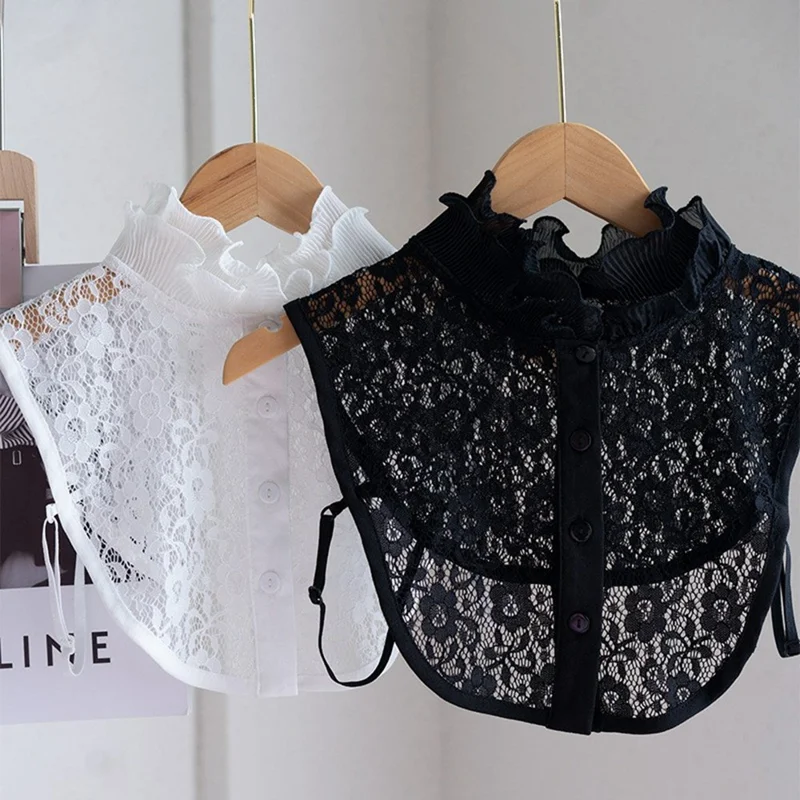Detachable Lace Collar Stand Up Ruffle Collar Dickey Collar Front Button Half Shirt Fake Collar for Shirt Dress - Black