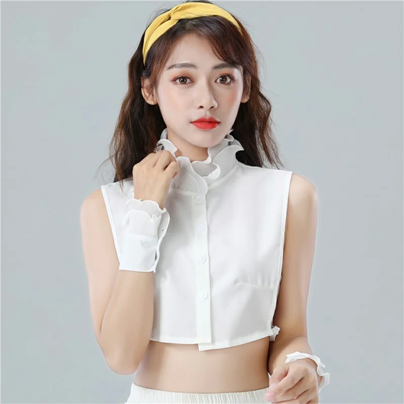Women Detachable Fake Collar Dickey Collar Layered Pleated Ruffle Collar Multi-Functional Decorative False Collar Half Shirt - White