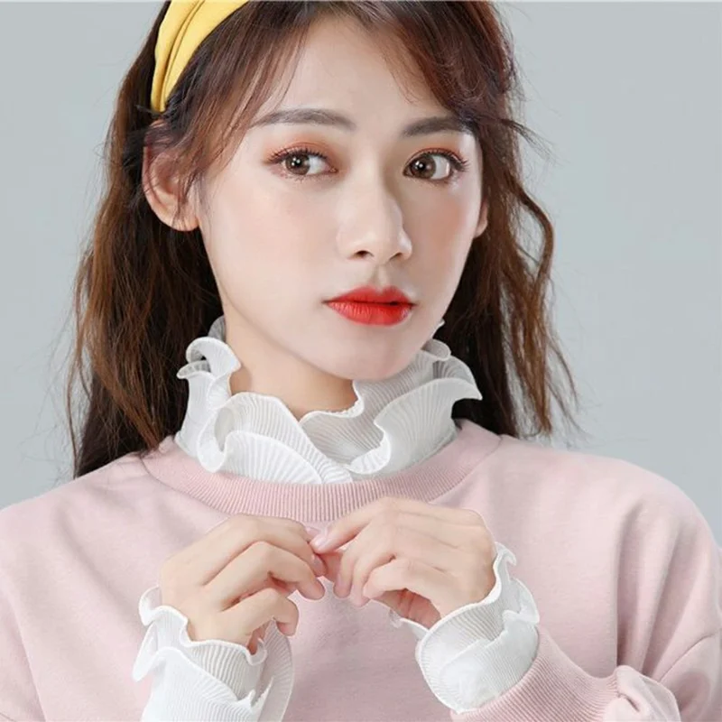 Women Detachable Fake Collar Dickey Collar Layered Pleated Ruffle Collar Multi-Functional Decorative False Collar Half Shirt - White