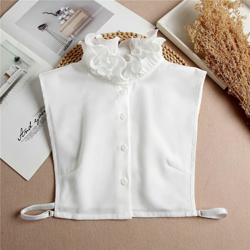 Women Detachable Fake Collar Dickey Collar Layered Pleated Ruffle Collar Multi-Functional Decorative False Collar Half Shirt - White