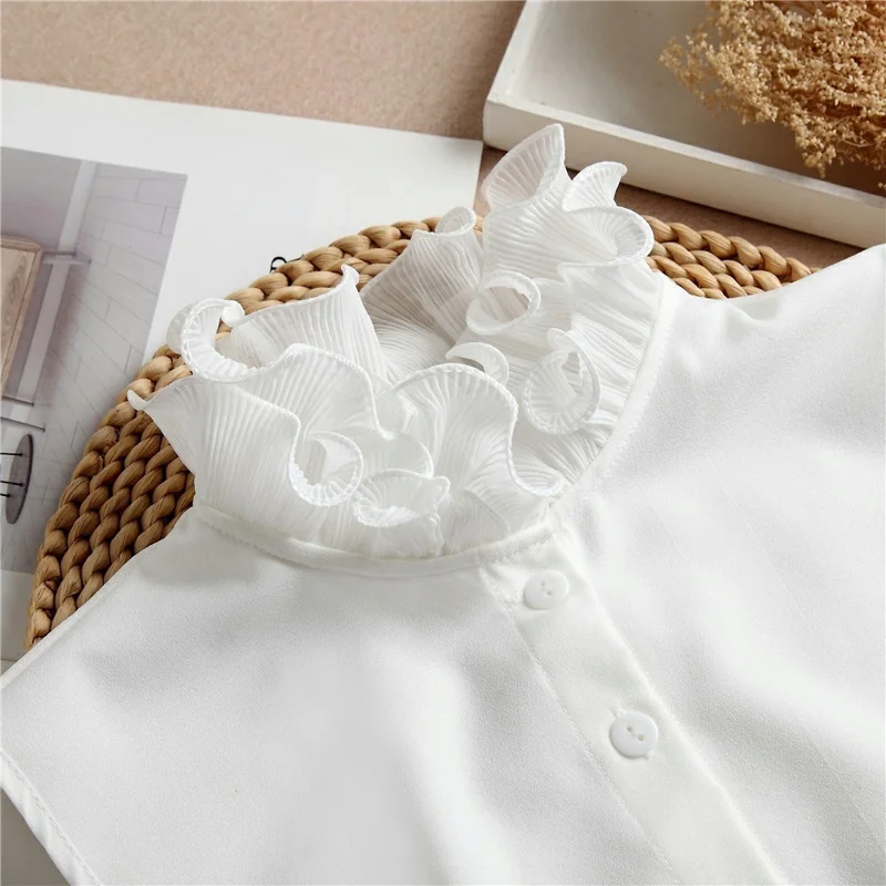 Women Detachable Fake Collar Dickey Collar Layered Pleated Ruffle Collar Multi-Functional Decorative False Collar Half Shirt - White