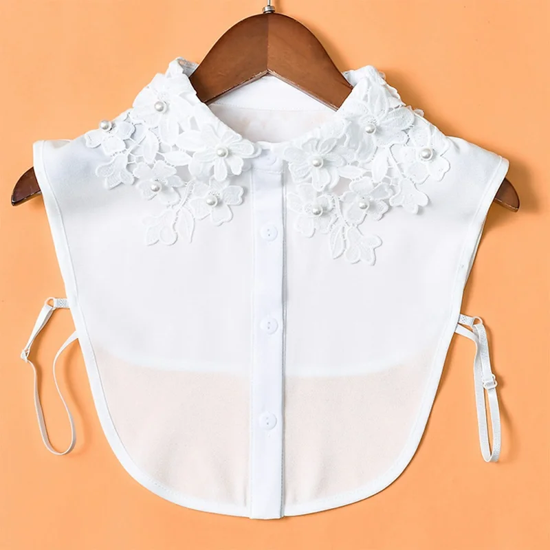 Detachable Lace Collar Pearl Beaded Fake Collar Dickey Collar Half Shirt Peter Pan Collar for Sweater Shirt - Chiffon  /  White