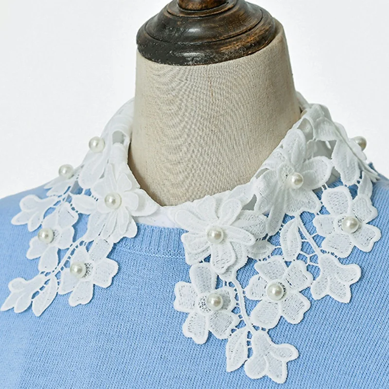 Detachable Lace Collar Pearl Beaded Fake Collar Dickey Collar Half Shirt Peter Pan Collar for Sweater Shirt - Chiffon  /  White