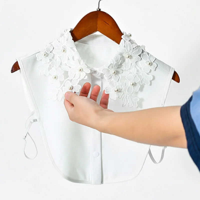 Detachable Lace Collar Pearl Beaded Fake Collar Dickey Collar Half Shirt Peter Pan Collar for Sweater Shirt - Chiffon  /  White