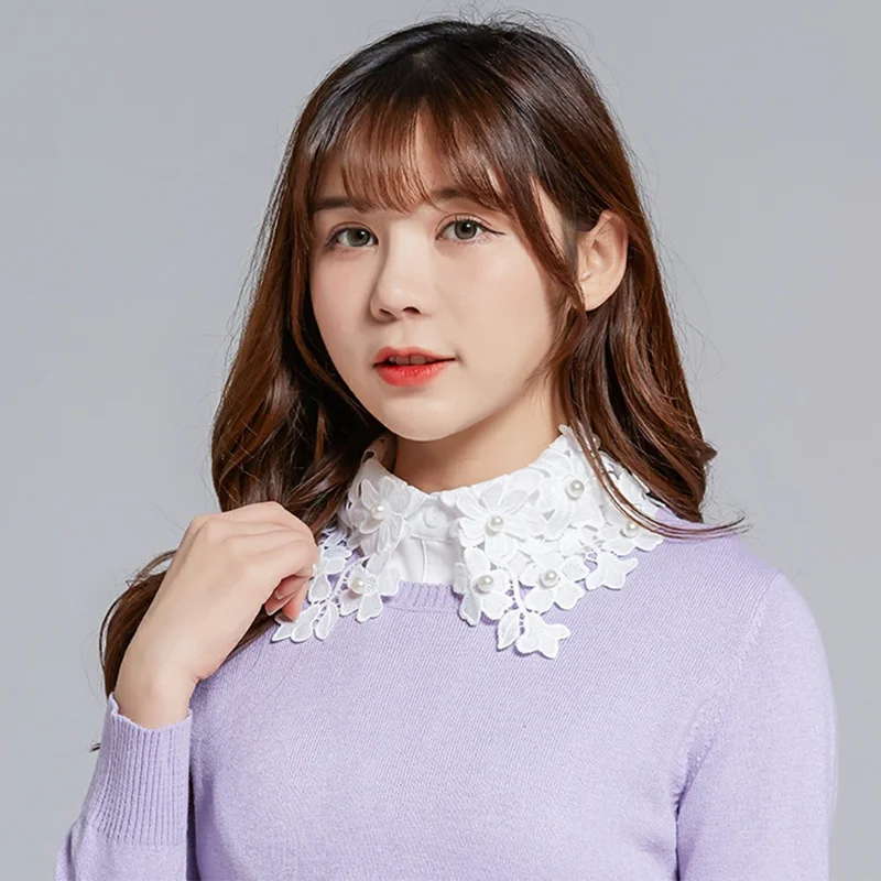 Detachable Lace Collar Pearl Beaded Fake Collar Dickey Collar Half Shirt Peter Pan Collar for Sweater Shirt - Chiffon  /  White