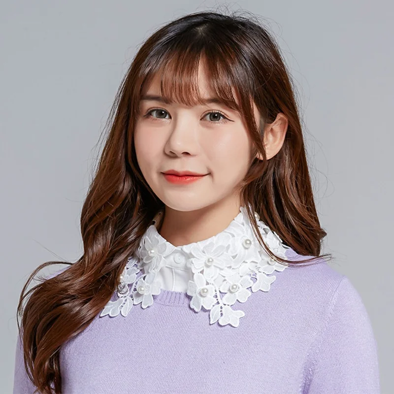 Detachable Lace Collar Pearl Beaded Fake Collar Dickey Collar Half Shirt Peter Pan Collar for Sweater Shirt - Chiffon  /  White