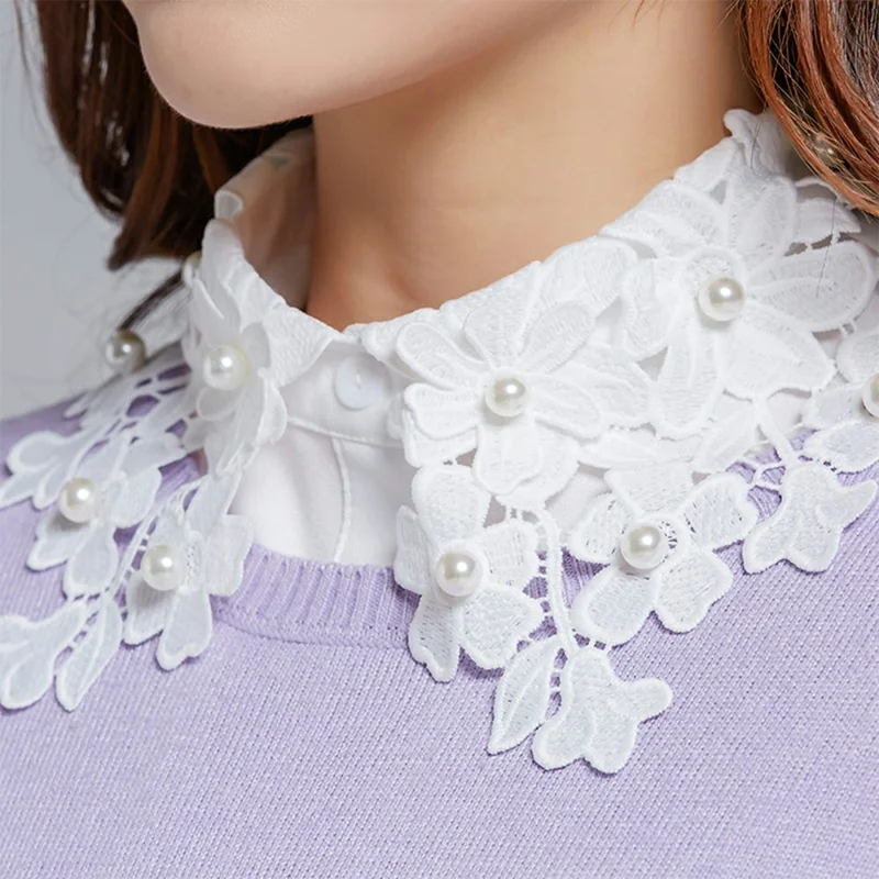Detachable Lace Collar Pearl Beaded Fake Collar Dickey Collar Half Shirt Peter Pan Collar for Sweater Shirt - Chiffon  /  White