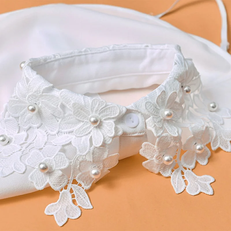 Detachable Lace Collar Pearl Beaded Fake Collar Dickey Collar Half Shirt Peter Pan Collar for Sweater Shirt - Chiffon  /  White