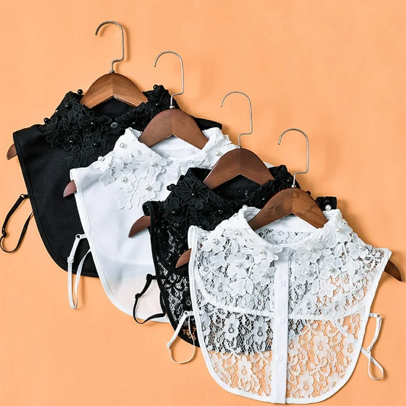 Detachable Lace Collar Pearl Beaded Fake Collar Dickey Collar Half Shirt Peter Pan Collar for Sweater Shirt - Chiffon  /  White