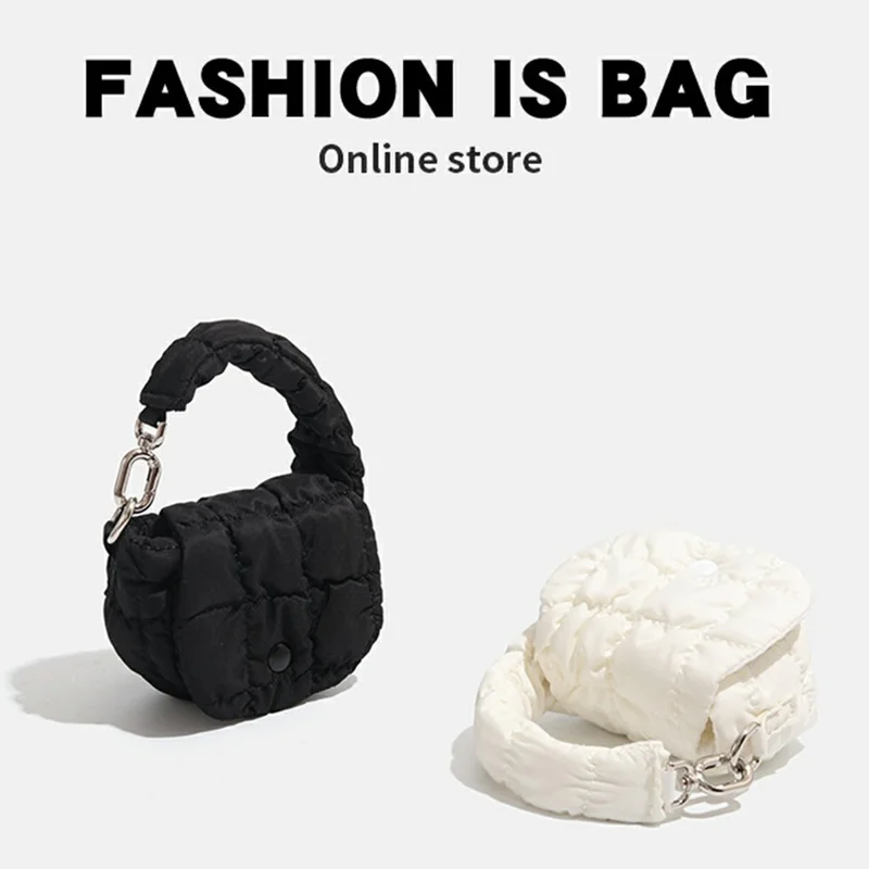 Mini Puffer Handbag Quilted Cloud Bag Lightweight Portable Shoulder Bag for Women - White