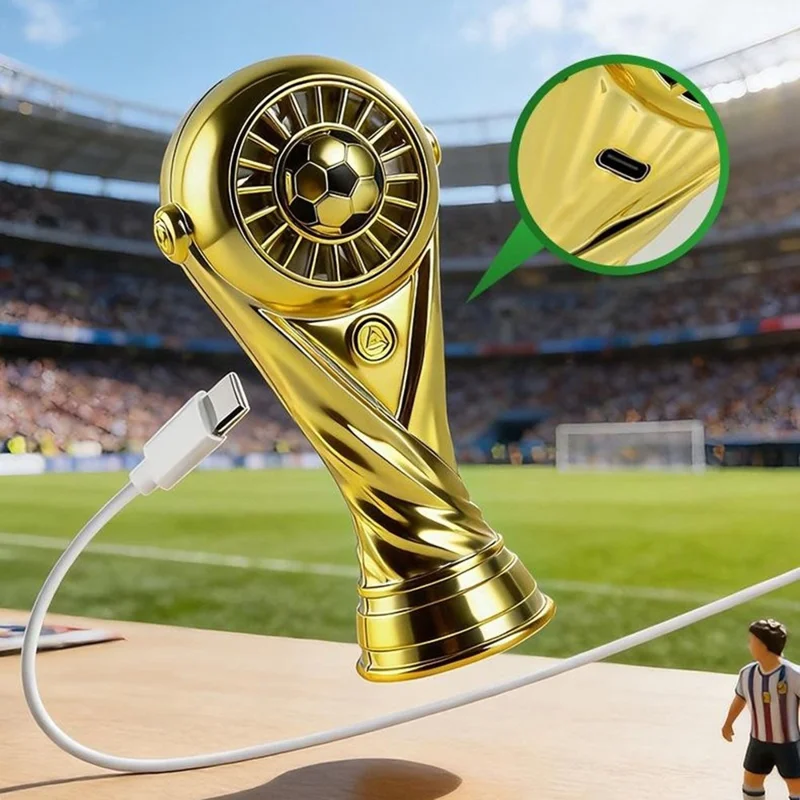 Mini Soccer Trophy Shaped Fan USB Desktop 3 Speed Type-C Charging Football Handheld Fan - Gold