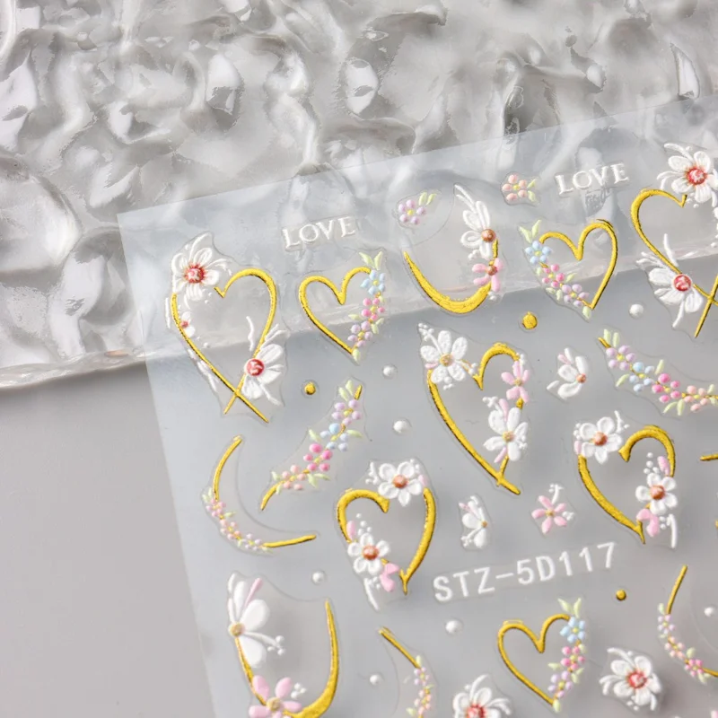 STZ-5D117 3D Embossed Nail Stickers Flower Heart Shape LOVE Design Self-Adhesive Nail Decals for Manicure DIY
