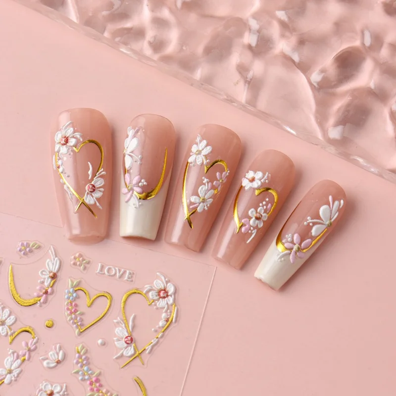 STZ-5D117 3D Embossed Nail Stickers Flower Heart Shape LOVE Design Self-Adhesive Nail Decals for Manicure DIY
