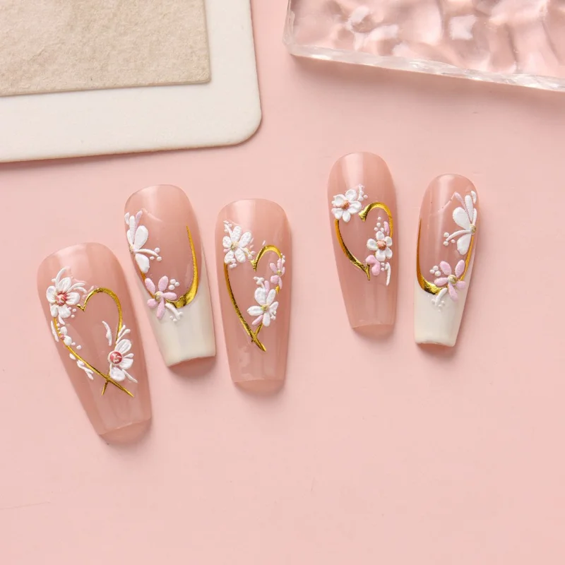 STZ-5D117 3D Embossed Nail Stickers Flower Heart Shape LOVE Design Self-Adhesive Nail Decals for Manicure DIY