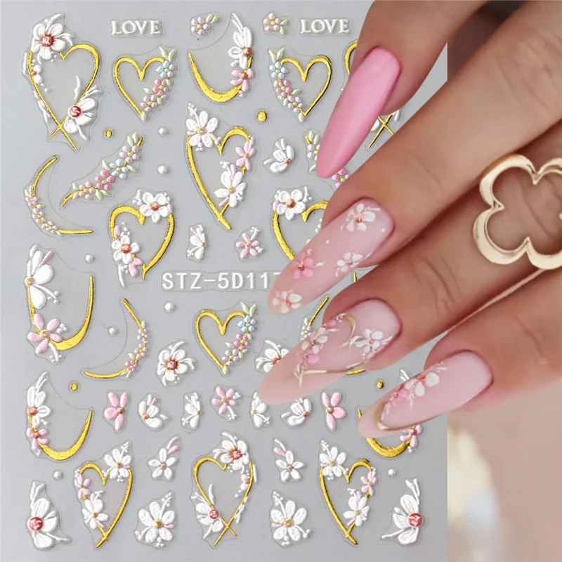 STZ-5D117 3D Embossed Nail Stickers Flower Heart Shape LOVE Design Self-Adhesive Nail Decals for Manicure DIY