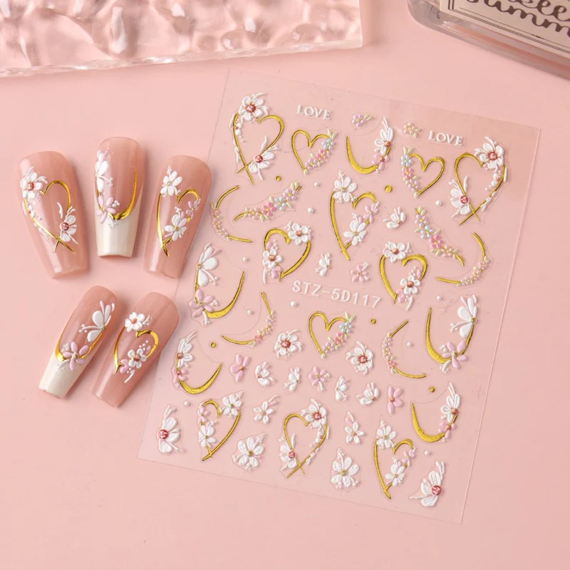 STZ-5D117 3D Embossed Nail Stickers Flower Heart Shape LOVE Design Self-Adhesive Nail Decals for Manicure DIY