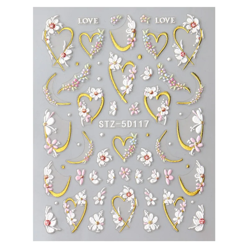 STZ-5D117 3D Embossed Nail Stickers Flower Heart Shape LOVE Design Self-Adhesive Nail Decals for Manicure DIY