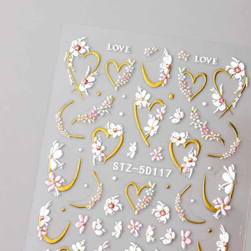STZ-5D117 3D Embossed Nail Stickers Flower Heart Shape LOVE Design Self-Adhesive Nail Decals for Manicure DIY