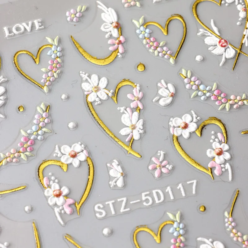 STZ-5D117 3D Embossed Nail Stickers Flower Heart Shape LOVE Design Self-Adhesive Nail Decals for Manicure DIY