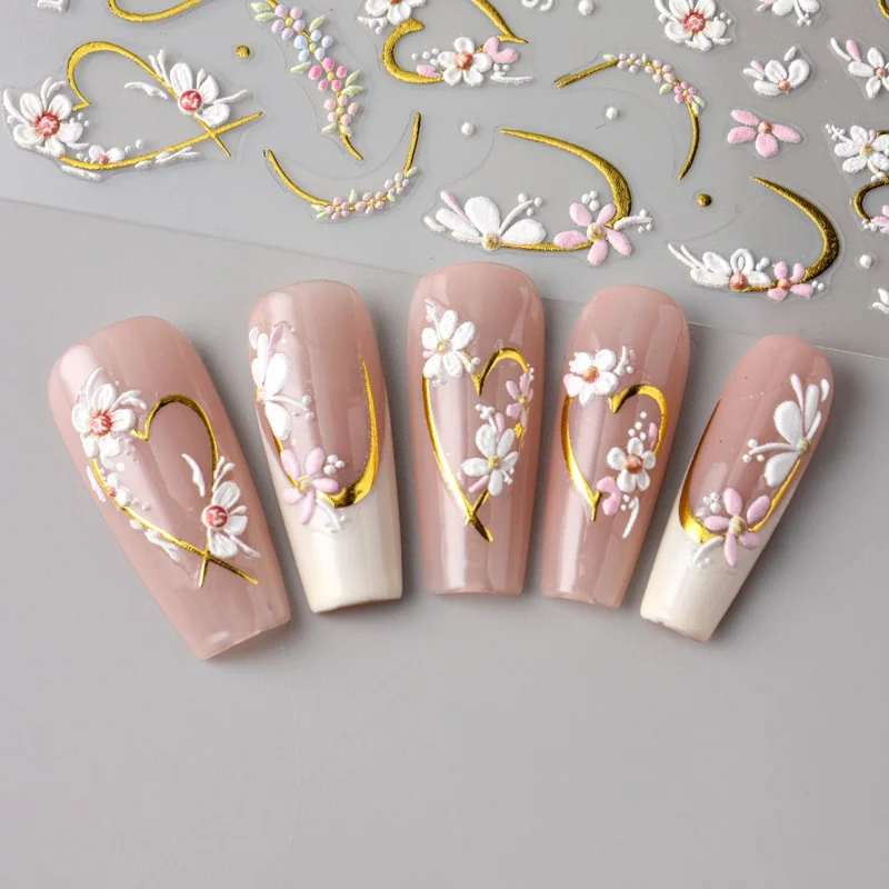 STZ-5D117 3D Embossed Nail Stickers Flower Heart Shape LOVE Design Self-Adhesive Nail Decals for Manicure DIY