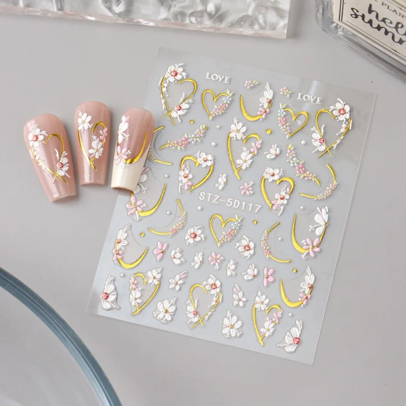STZ-5D117 3D Embossed Nail Stickers Flower Heart Shape LOVE Design Self-Adhesive Nail Decals for Manicure DIY
