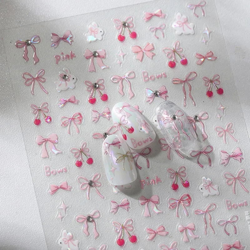 3D Bow Nail Art Stickers Holographic Self-Adhesive Laser Butterfly Bow Nail Decals for DIY Manicure - Pink