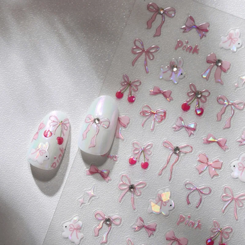3D Bow Nail Art Stickers Holographic Self-Adhesive Laser Butterfly Bow Nail Decals for DIY Manicure - Pink