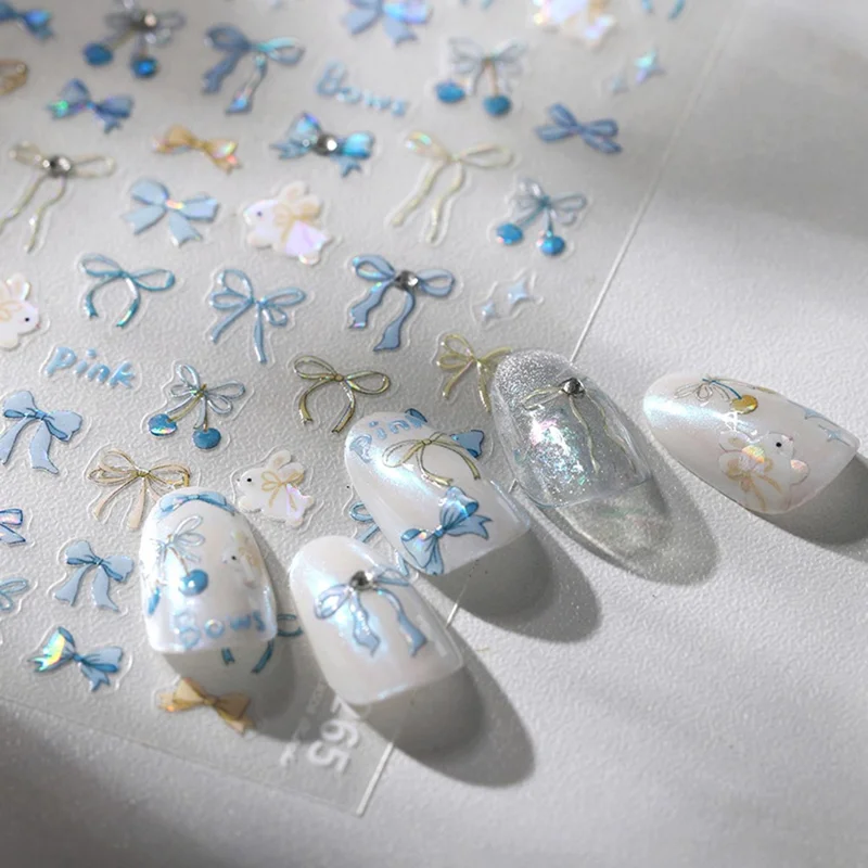 3D Bow Nail Art Stickers Holographic Self-Adhesive Laser Butterfly Bow Nail Decals for DIY Manicure - Pink