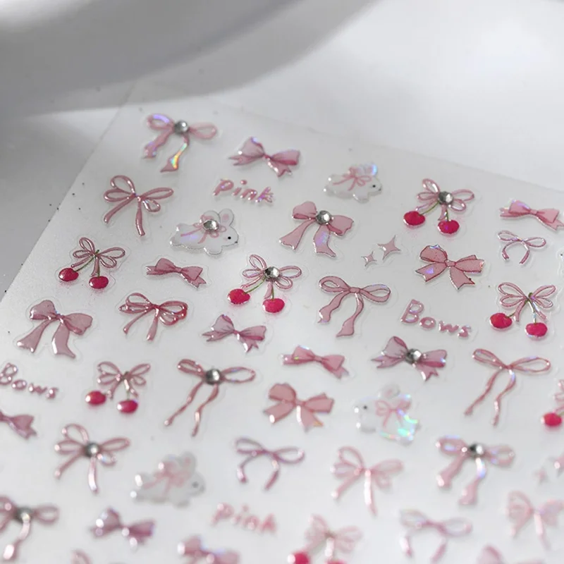 3D Bow Nail Art Stickers Holographic Self-Adhesive Laser Butterfly Bow Nail Decals for DIY Manicure - Pink