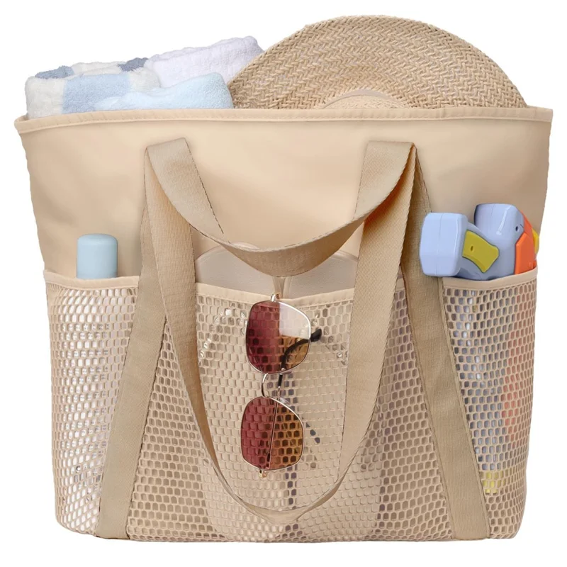 Large Capacity Waterproof Beach Bag Travel Swimming Portable Sand-proof Tote Bag with Mesh Pockets - Beige