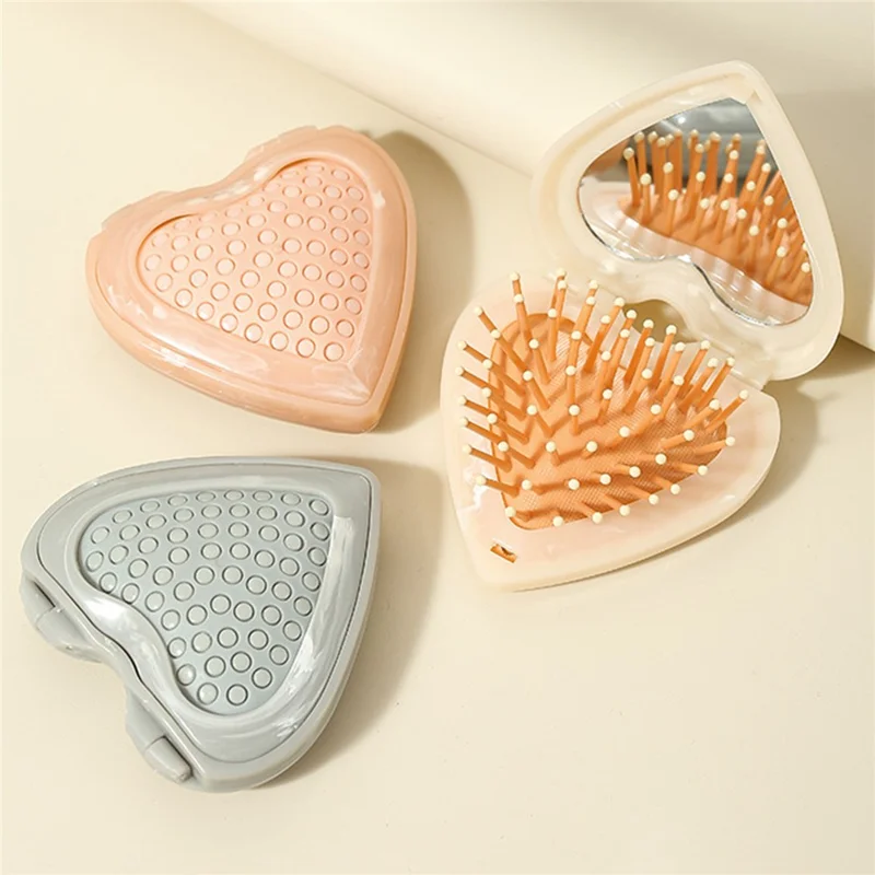 Foldable Heart-shaped Compact Comb with Mirror Marble Pattern Travel Size Beauty Tool Massage Comb for Hair Styling Makeup - Pink
