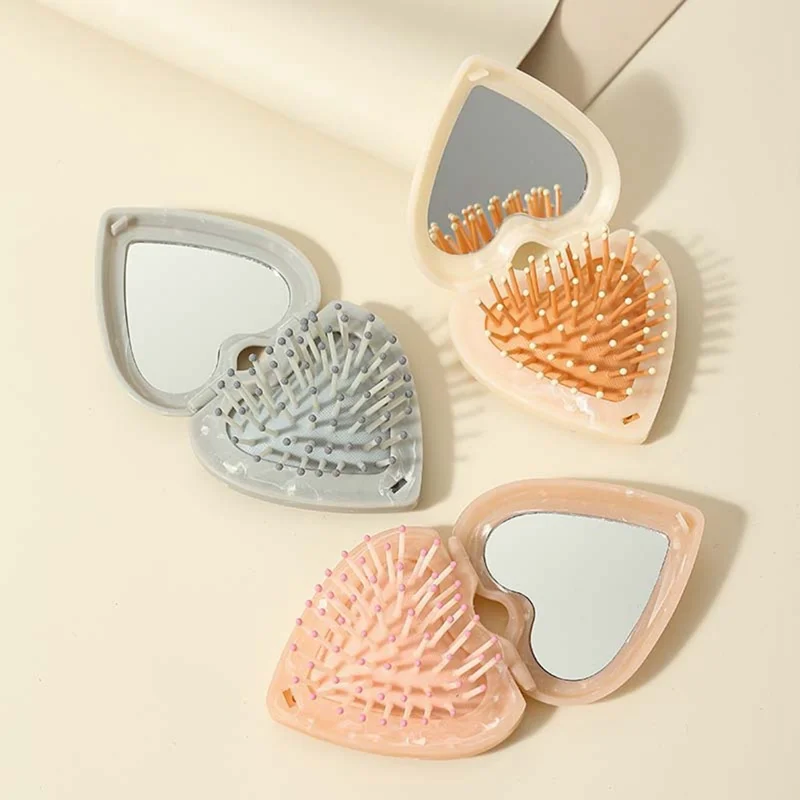 Foldable Heart-shaped Compact Comb with Mirror Marble Pattern Travel Size Beauty Tool Massage Comb for Hair Styling Makeup - Pink