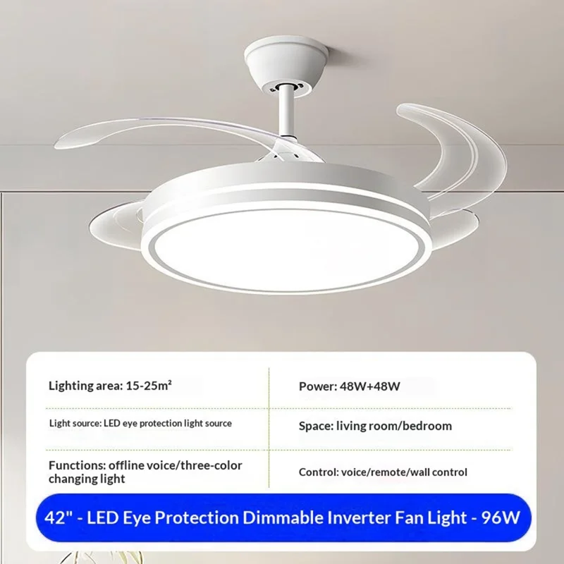 42 Inch Invisible Ceiling Fan Light 96W Dimmable 3 Color Temperature Quiet LED Lamp for Living Room Bedroom - Round  /  White