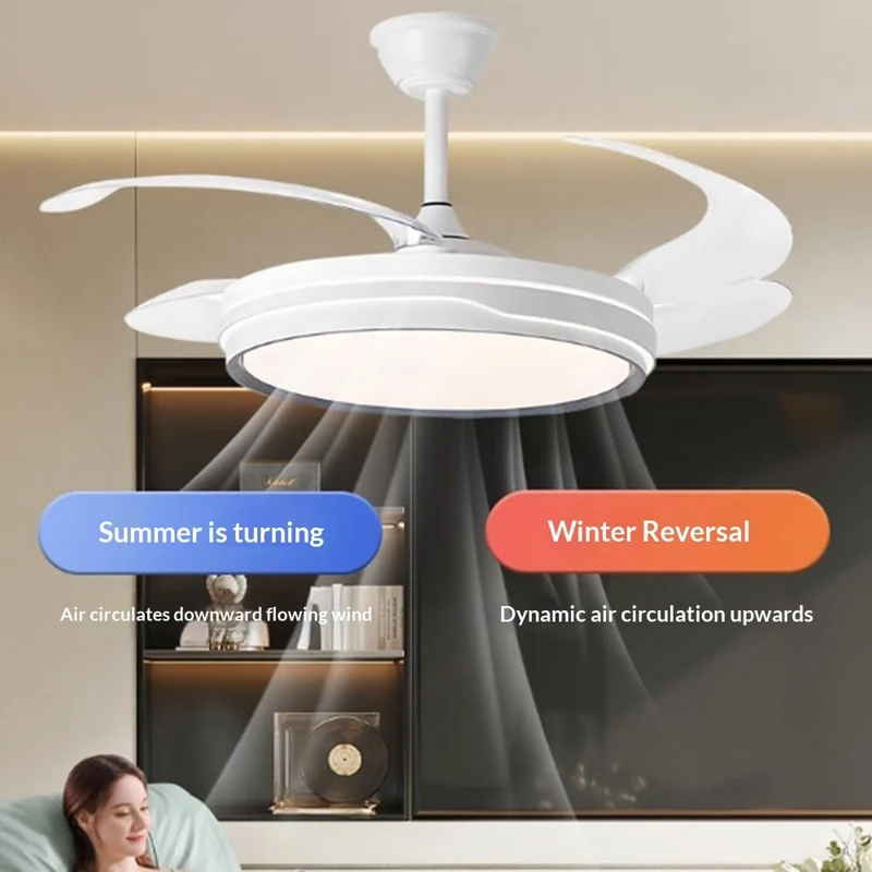 42 Inch Invisible Ceiling Fan Light 96W Dimmable 3 Color Temperature Quiet LED Lamp for Living Room Bedroom - Round  /  White