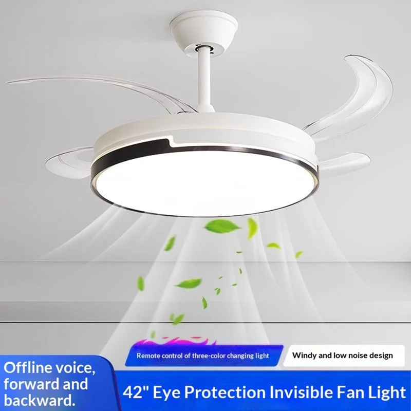 42 Inch Invisible Ceiling Fan Light 96W Dimmable 3 Color Temperature Quiet LED Lamp for Living Room Bedroom - Round  /  White