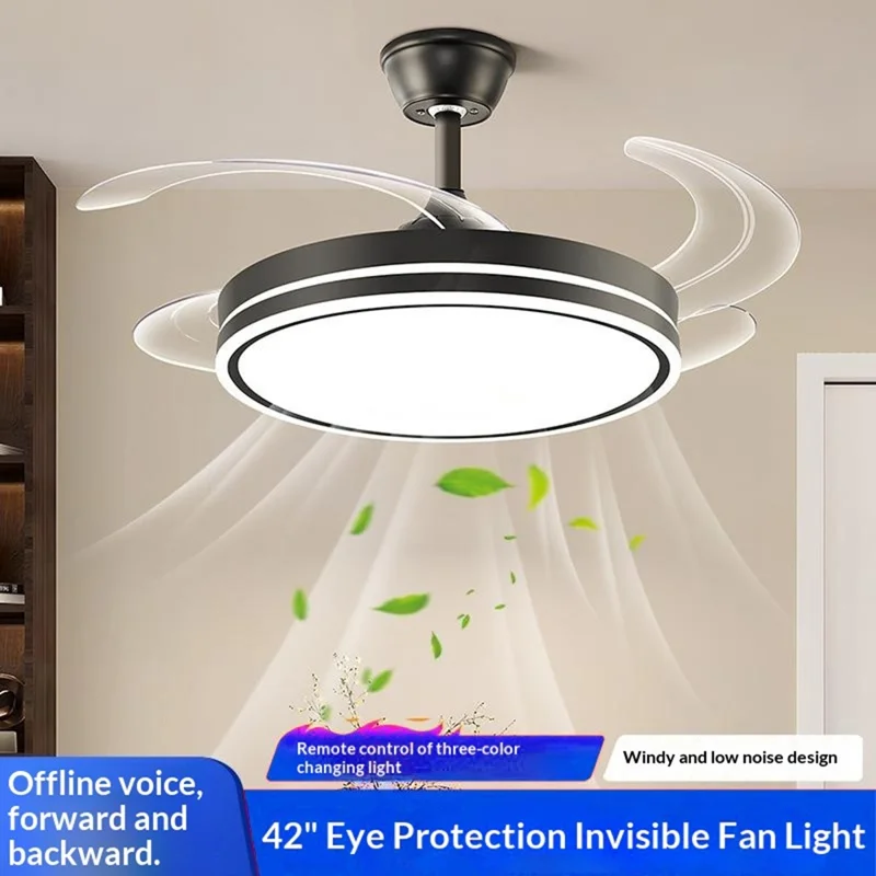 42 Inch Invisible Ceiling Fan Light 96W Dimmable 3 Color Temperature Quiet LED Lamp for Living Room Bedroom - Round  /  White