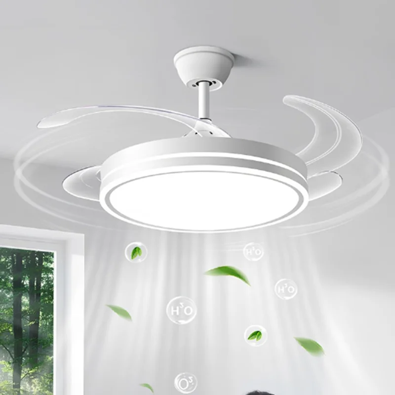 42 Inch Invisible Ceiling Fan Light 96W Dimmable 3 Color Temperature Quiet LED Lamp for Living Room Bedroom - Round  /  White
