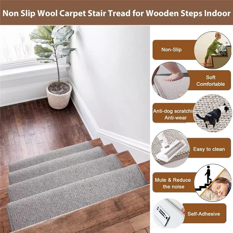 80x24cm Wool Stair Treads Self-Adhesive Non-Slip Carpet Runner Stair Protector Staircase Step Cover for Indoor - Beige  /  Rectangle