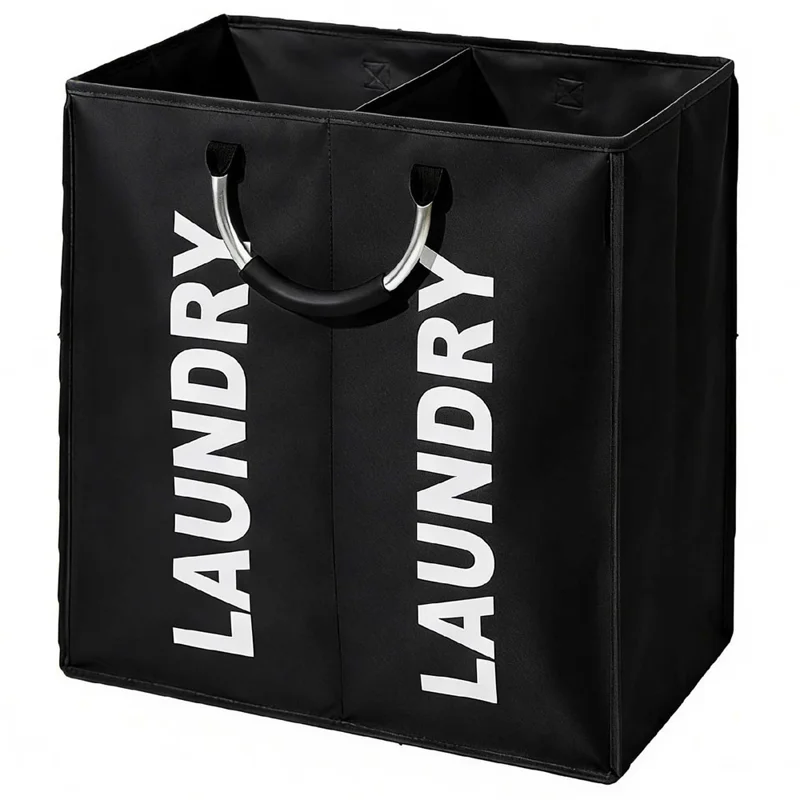 2 Compartments Oxford Fabric Laundry Hamper Bag Aluminum Frame Large Capacity Foldable Storage Basket - Black