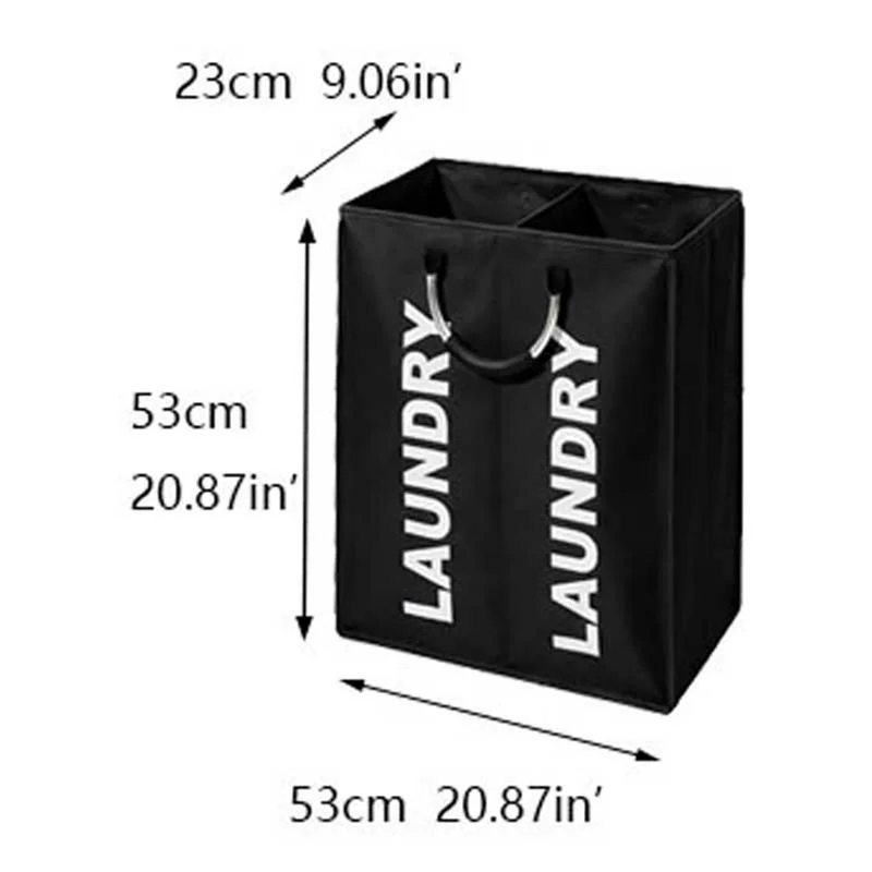 2 Compartments Oxford Fabric Laundry Hamper Bag Aluminum Frame Large Capacity Foldable Storage Basket - Black