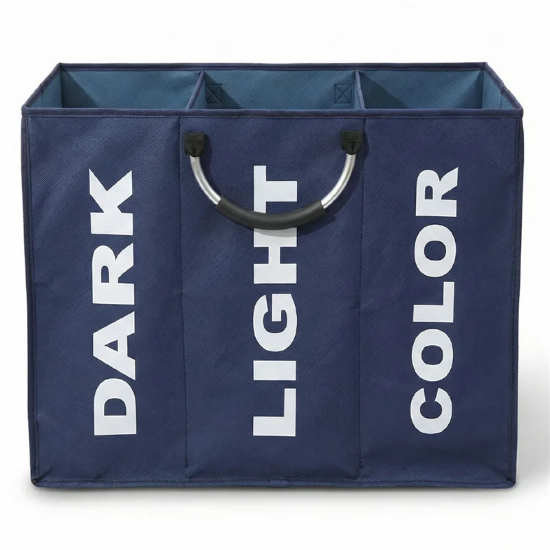 3 Compartments Foldable Large Capacity Laundry Basket Oxford Cloth Storage Hamper Bag with Aluminum Frame - Navy Blue